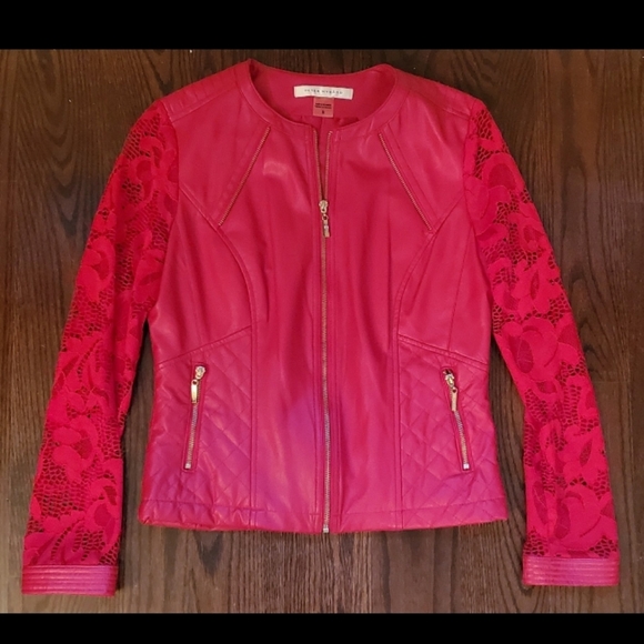 Peter Nygard Jackets & Blazers - Nygard Collection Missy Faux Leather Blazer Jacket with Lace Sleeves, Poppy